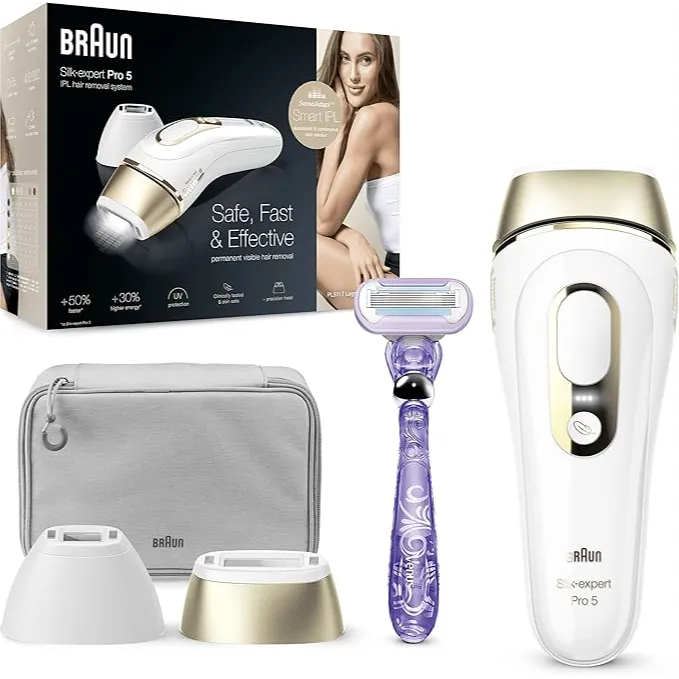 Braun | IPL Silk Expert Pro 5 PL5117 Latest Generation IPL, Permanent Visible Hair Removal, White and Gold, With Premium Pouch, Precision Head Intense Pulsed Light
