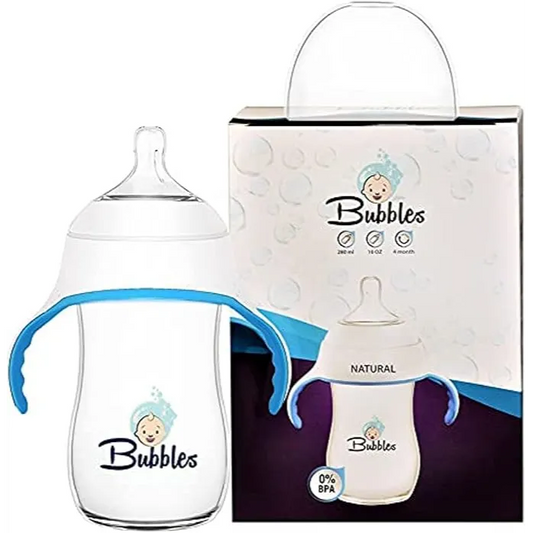 Bubbles | Natural Baby Bottle with Handles White and Blue | 280ml