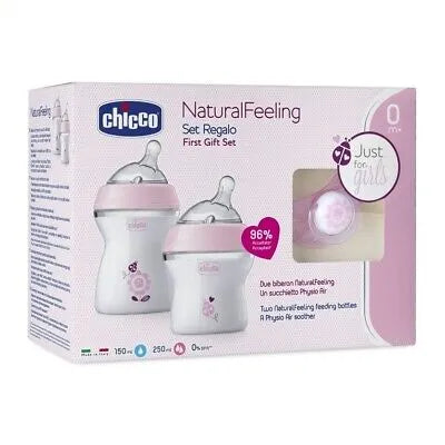 Chicco | Natural Feeling Pink Gift Set +0M | 150ml + 250ml + Anti-Colic Soother