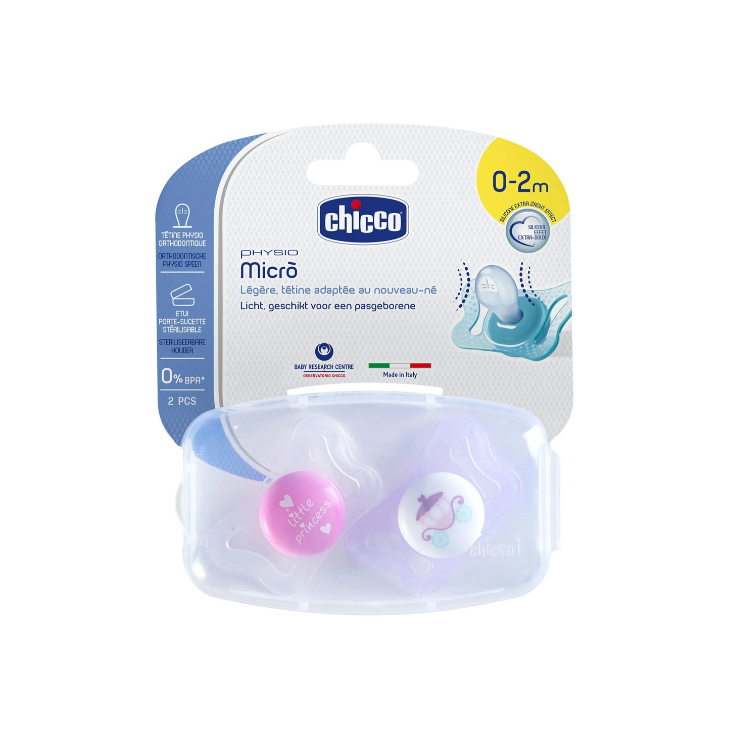 Chicco | Micro Rose Silicone Pacifiers 0-2 Months in Sterilizable Case | 2 Pcs