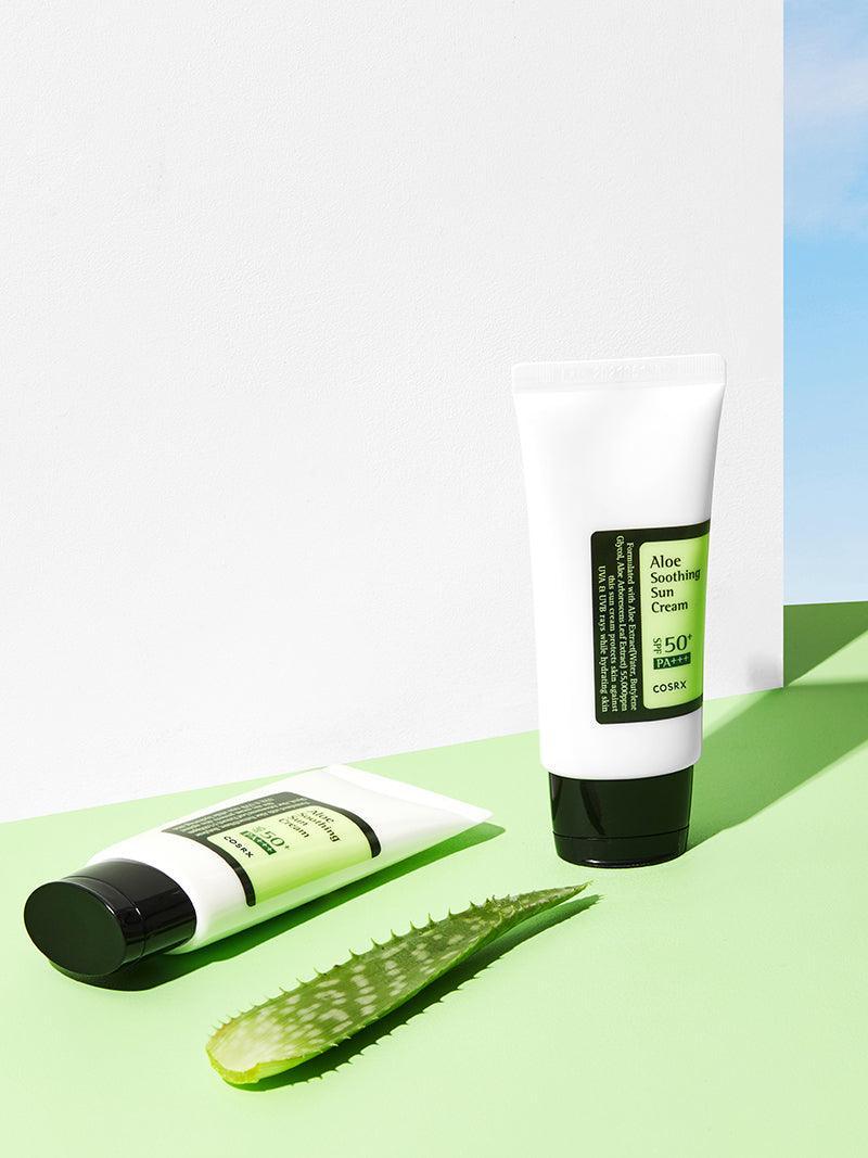 COSRX Aloe Soothing Sun Cream 50ml product and aloe display