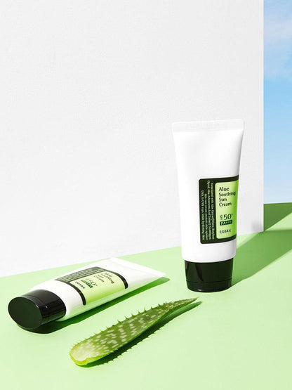 COSRX Aloe Soothing Sun Cream 50ml product and aloe display