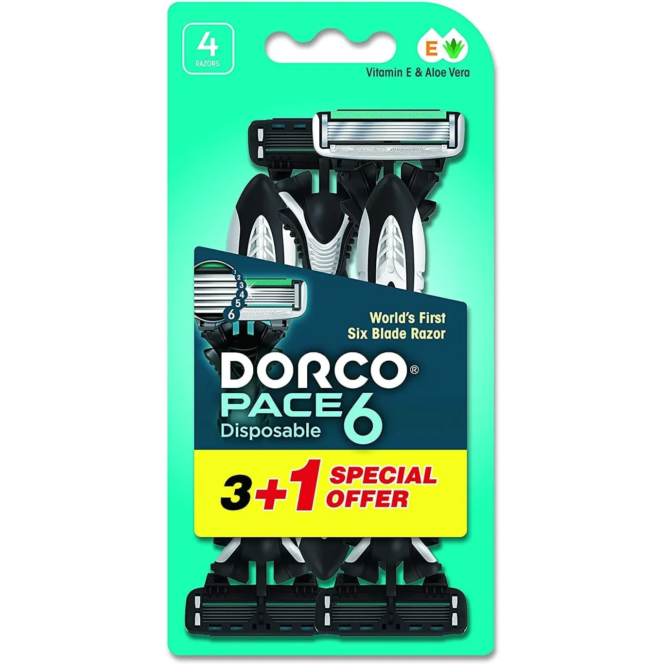 Dorco | Pace Disposable 6 Blade Men Razors with Aloe Vera & Vitamin E | 3+1 Free