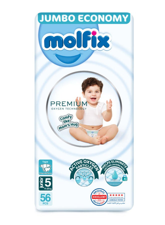 Molfix Premium O2 - Baby Diapers - Jumbo Pack - Junior Size 5 - 56 Pieces