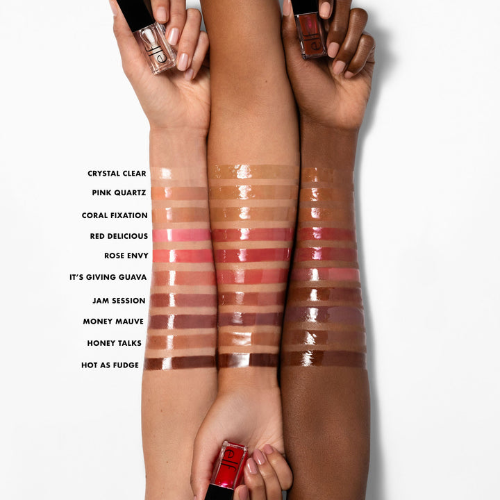 e.l.f. Glow Reviver Lip Oil arm swatches including Pink Quartz