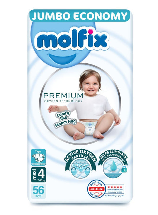 Molfix Premium O2 - Baby Diapers - Jumbo Pack - Maxi Size 4 - 56 Pieces
