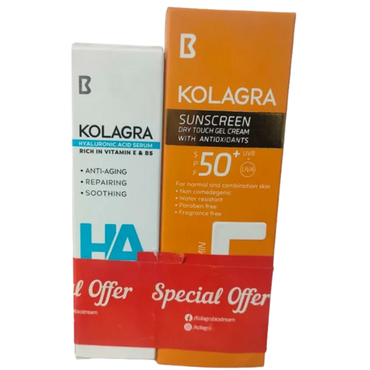 Kolagra | HA Hyaluronic Acid Serum | 30ml + Sunscreen Sun Dry Touch Gel Cream SPF50+ for Normal & Combined Skin | 50ml