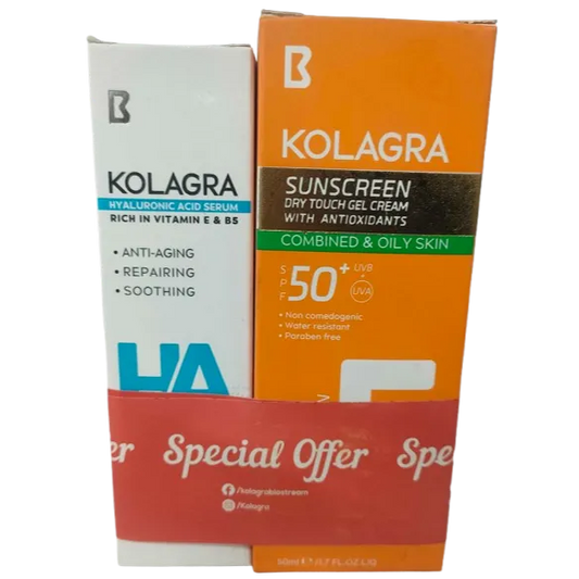 Kolagra | HA Hyaluronic Acid Serum | 30ml + Sunscreen Sun Dry Touch Gel Cream SPF50+ for Oily & Combined Skin | 50ml