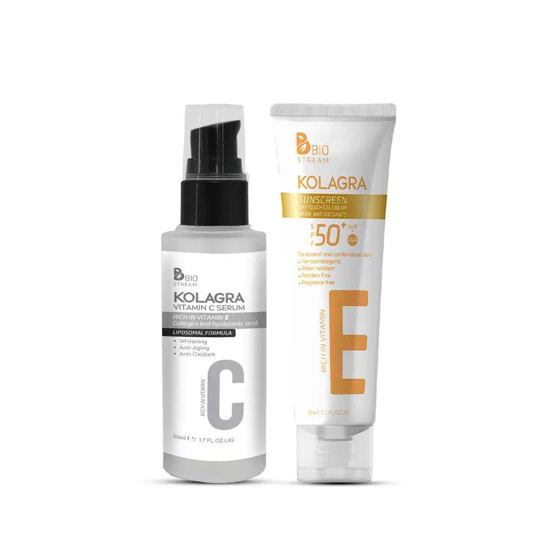 Kolagra | Sunscreen Dry Touch Gel Cream SPF50+ | 50ml + Vitamin C Serum Liposomal Formula | 30ml