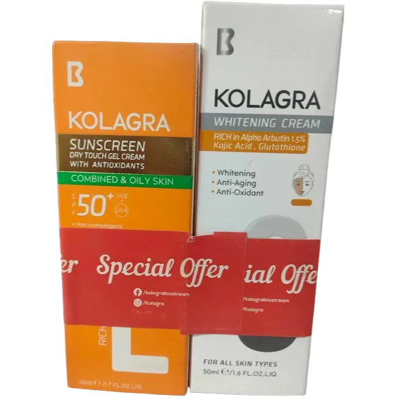 Kolagra | Whitening Cream for Face with Alpha Arbutin | 50ml + Sunscreen Sun Dry Touch Gel Cream SPF50+ For Oily & Combined Skin | 50ml