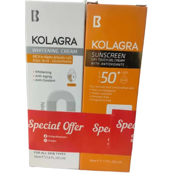 Kolagra | Whitening Cream for Face with Alpha Arbutin | 50ml + Sunscreen Sun Dry Touch Gel Cream SPF50+ For Normal & Combined Skin | 50ml