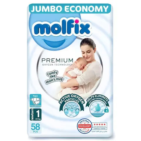 Molfix | Premium Baby Diapers Newborn Size 1 | 58 Pcs
