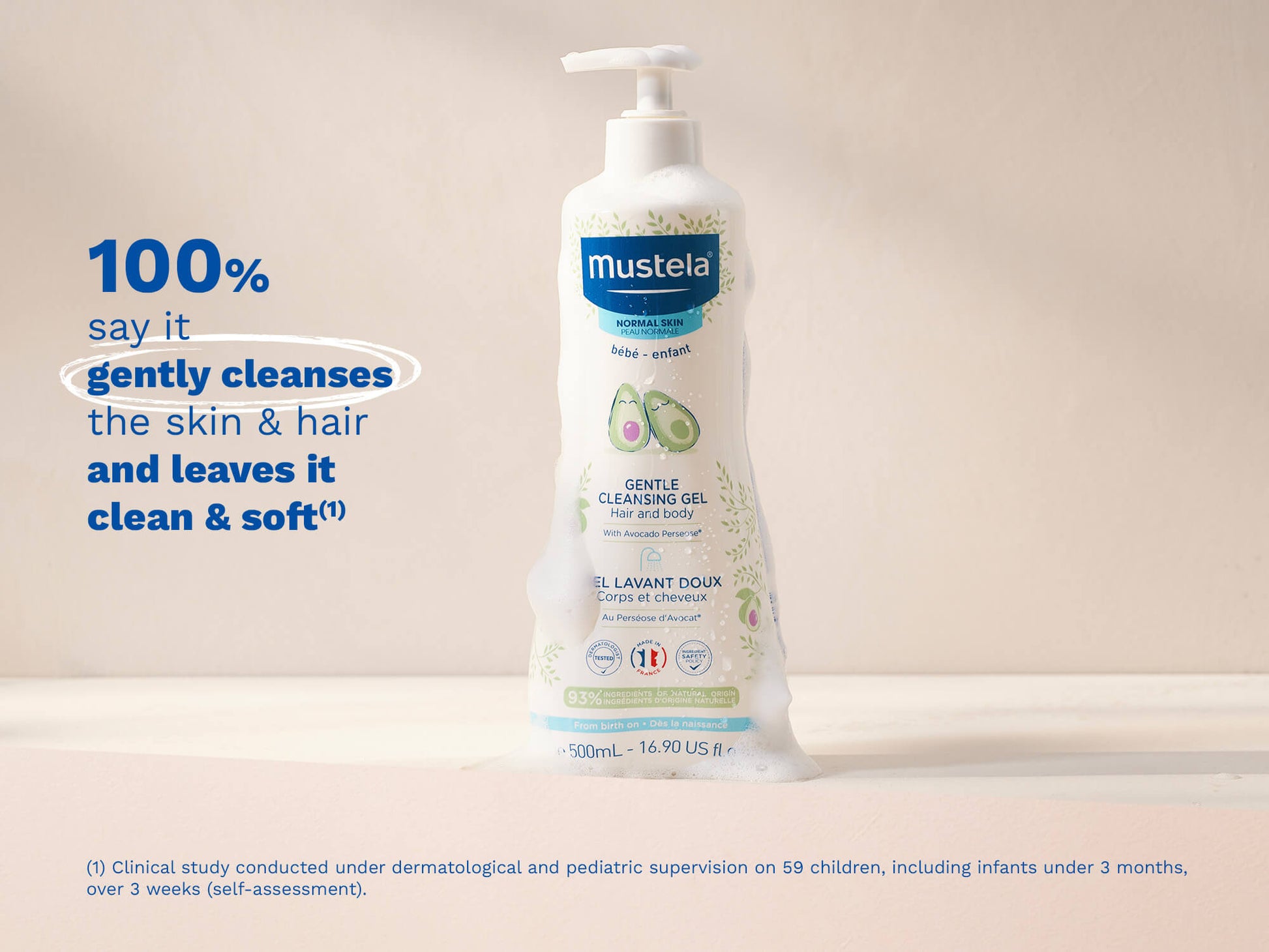 Mustela Gentle Cleansing Gel clinical cleansing and softness claim