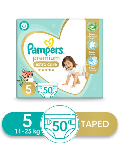 Pampers Premium Extra Care Size 5 50 diapers packaging detail