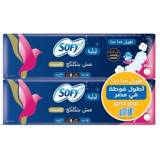 Sofy | Night Maxi Sanitary Napkins with Musk - Extra Long | 12 Pads + 12 Pads Free