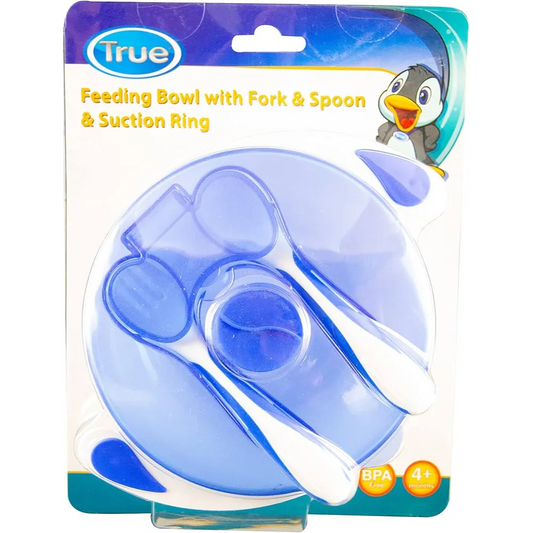 True | Feeding Bowl with Fork & Spoon & Suction Ring from +4M Blue | 1 Pack