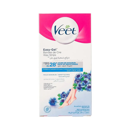 Veet | Easy Gel Wax Strips Hair Minimizer Strips for Sensetive Skin for Legs & Body | 12 Pcs + 2 Perfect Finish Wipes Free